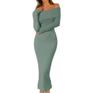 Merokeety Women's Dustygreen Off Shoulder Long Sleeve Elegant Bodycon Midi Dress
